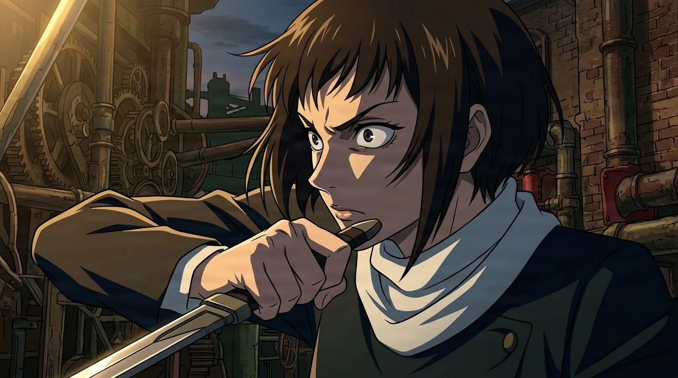 Aura Michibane from Bleach in a close-framed cel-shaded anime scene with a detailed environment