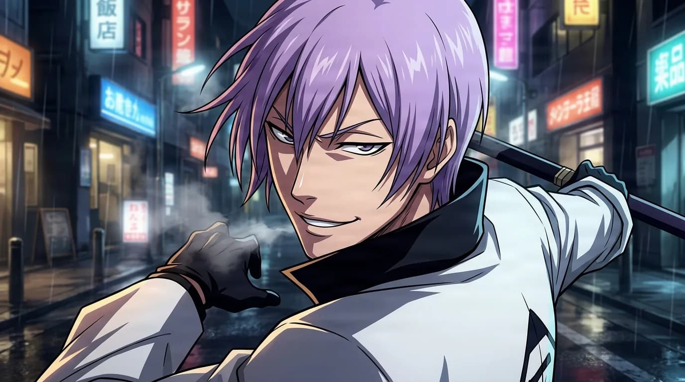 Gin Ichimaru de Bleach en una escena de anime de encuadre cerrado con sombreado cel y un entorno detallado.