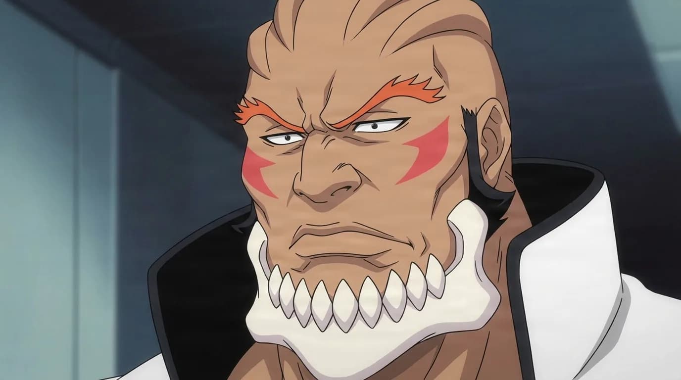 Yammy Llargo from Bleach in a close-framed cel-shaded anime scene with a detailed environment