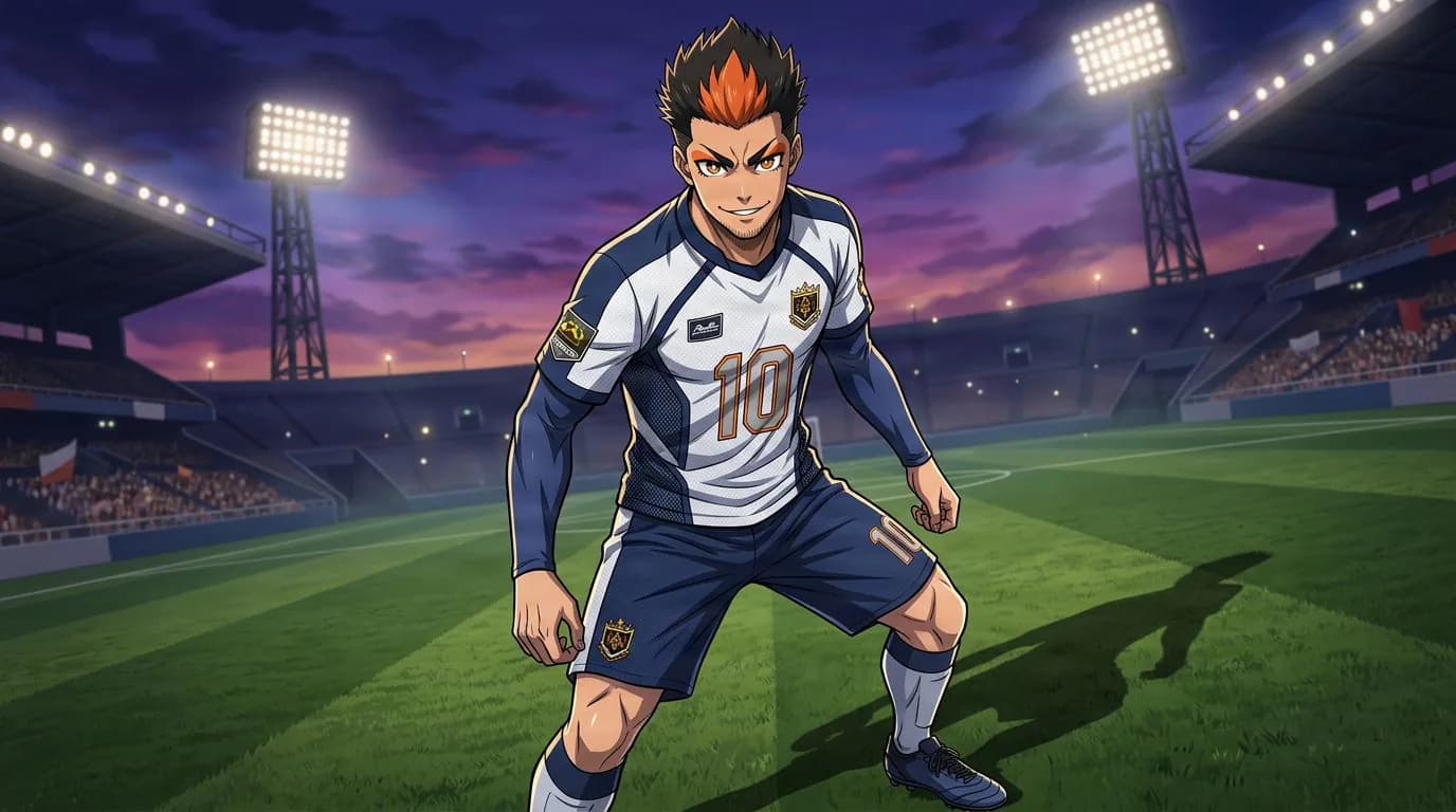 Anime-style portrait of Akira Endoji from Blue Lock, cel-shaded, soccer atmosphere