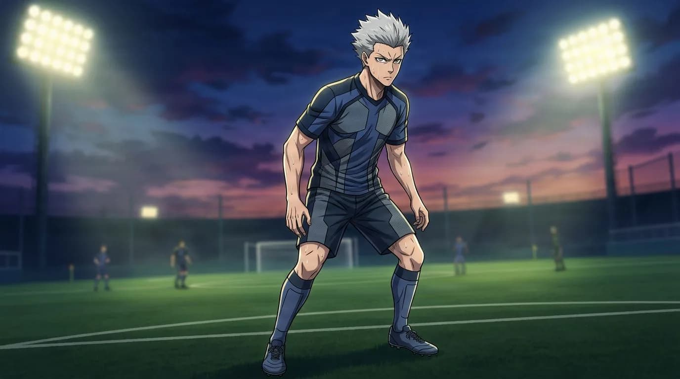 Anime-style portrait of Kanji Torikai from Blue Lock, cel-shaded, soccer atmosphere