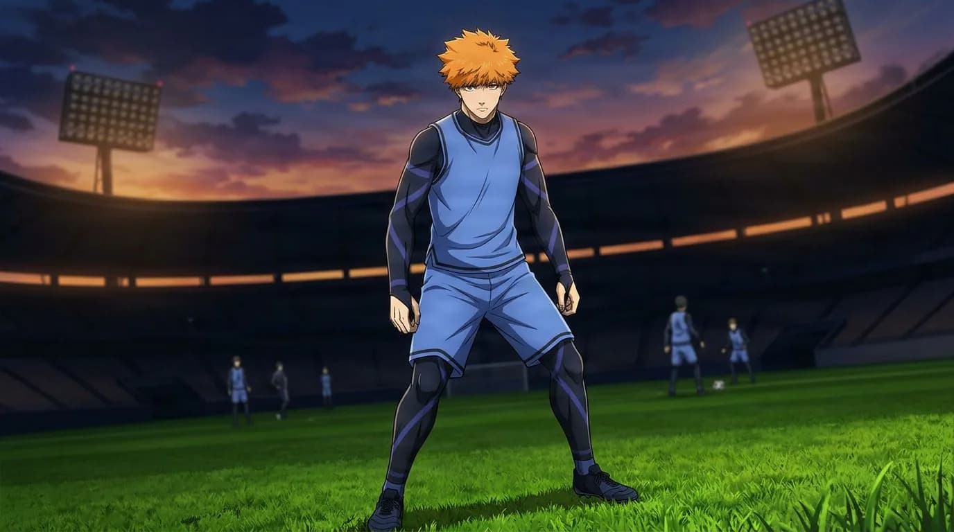 ブルーロックの國神 錬介のアニメ風ポートレート、セルシェーディング、サッカーの雰囲気