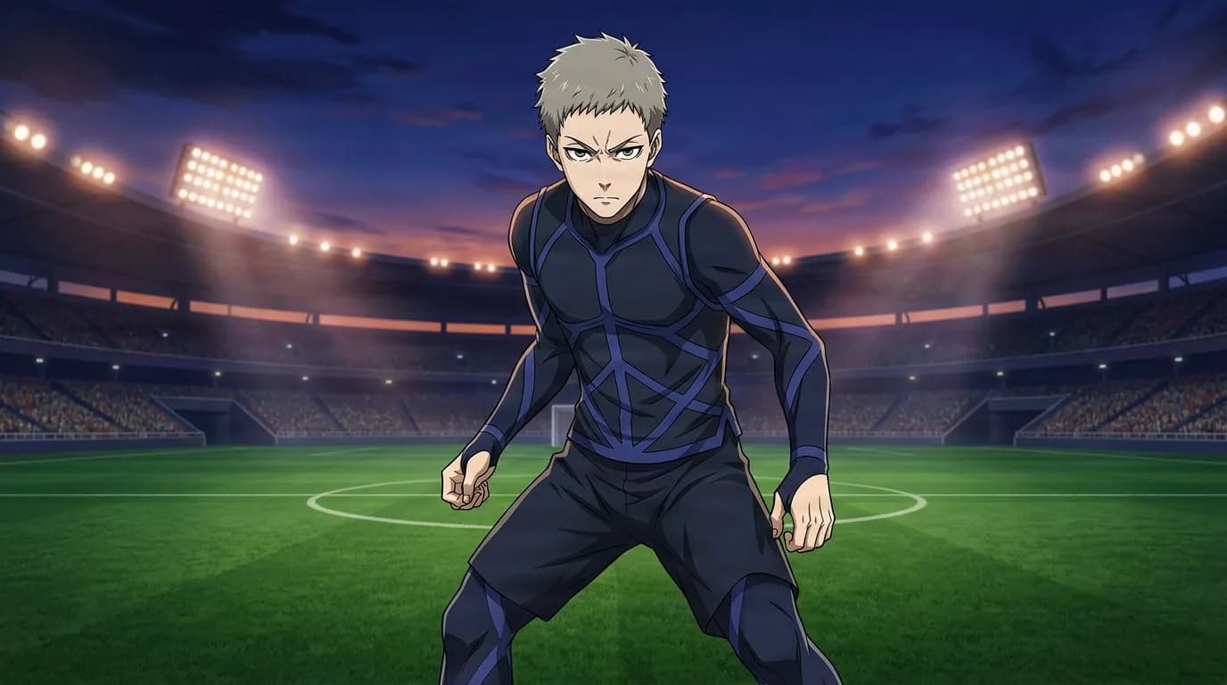 Anime-style portrait of Rikiya Hohai from Blue Lock, cel-shaded, soccer atmosphere