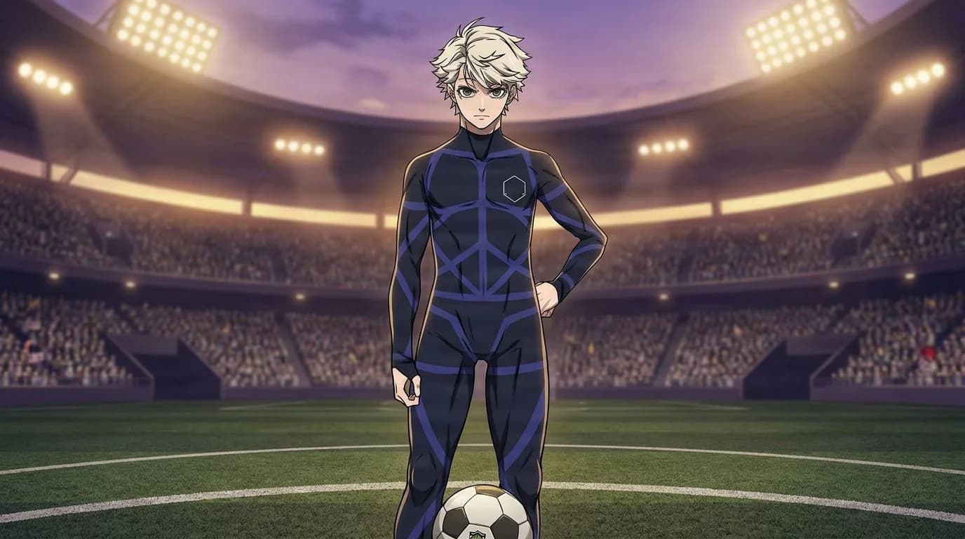 Anime-style portrait of Ryosuke Kira from Blue Lock, cel-shaded, soccer atmosphere