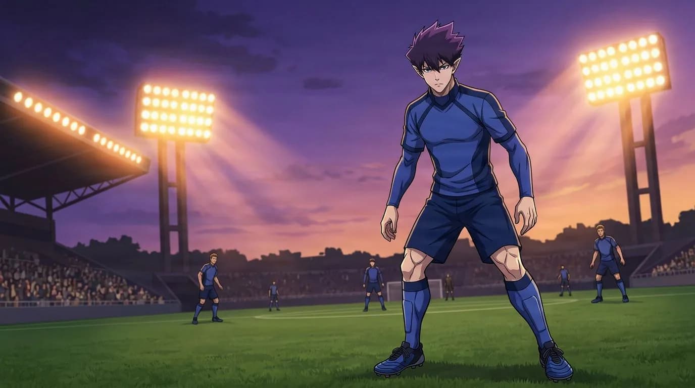 Anime-style portrait of Tabito Karasu from Blue Lock, cel-shaded, soccer atmosphere