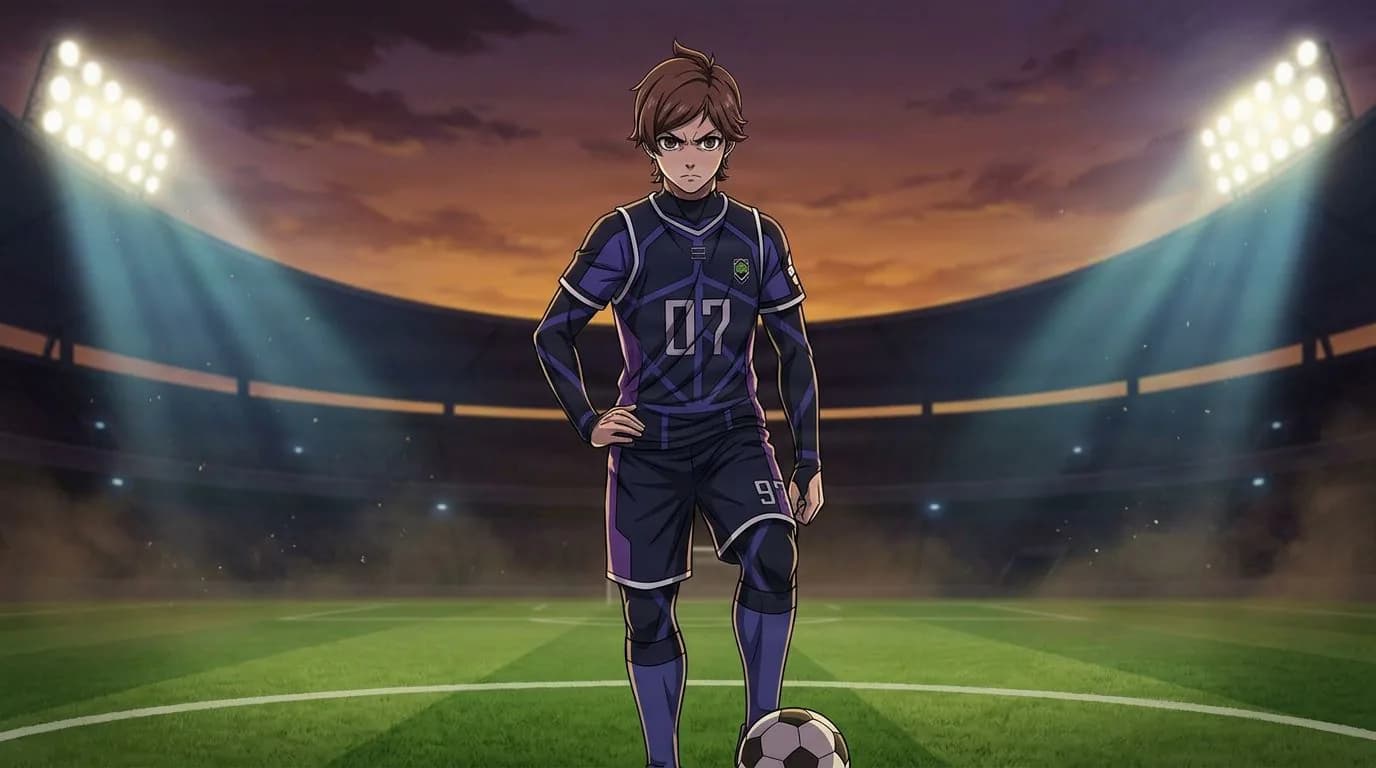 Anime-style portrait of Yudai Imamura from Blue Lock, cel-shaded, soccer atmosphere