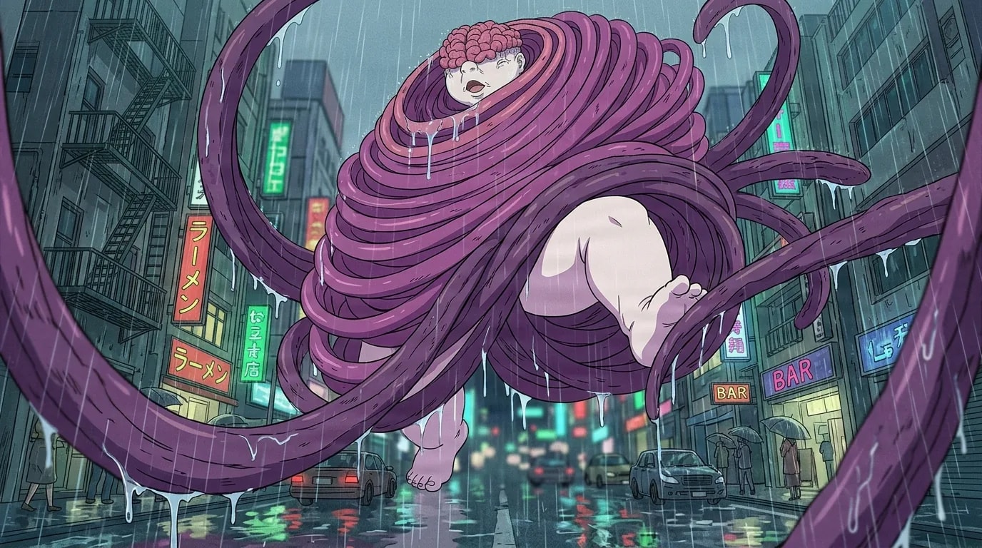 Un demonio coronado por un cerebro y envuelto en enroscados zarcillos morados flota sobre una lluviosa calle urbana de neón flanqueada por letreros de ramen y bares y autos que pasan.