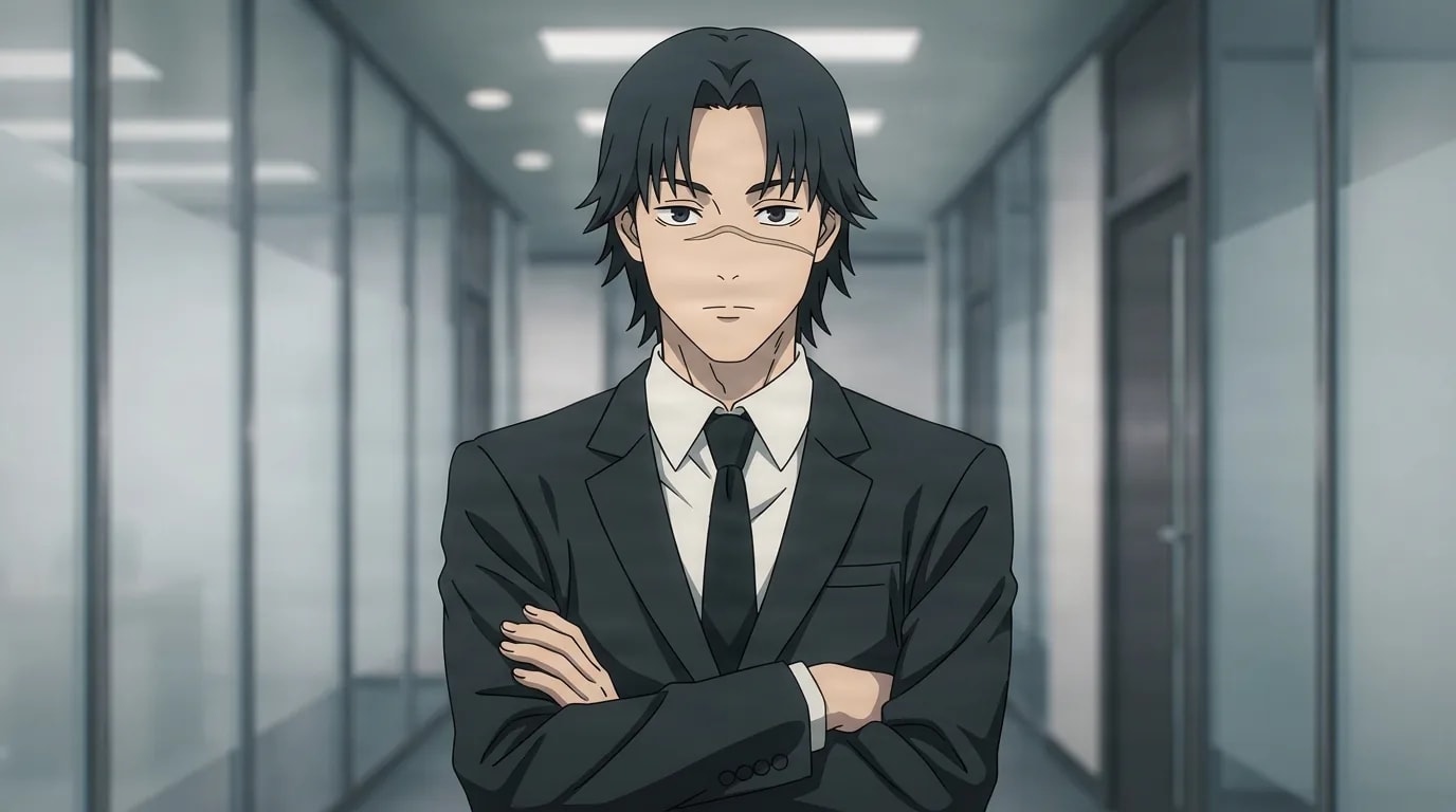 Yutaro Kurose stands with his arms folded in a black suit and tie, a bandage across his nose, wearing a calm serious look in a blurred office corridor.