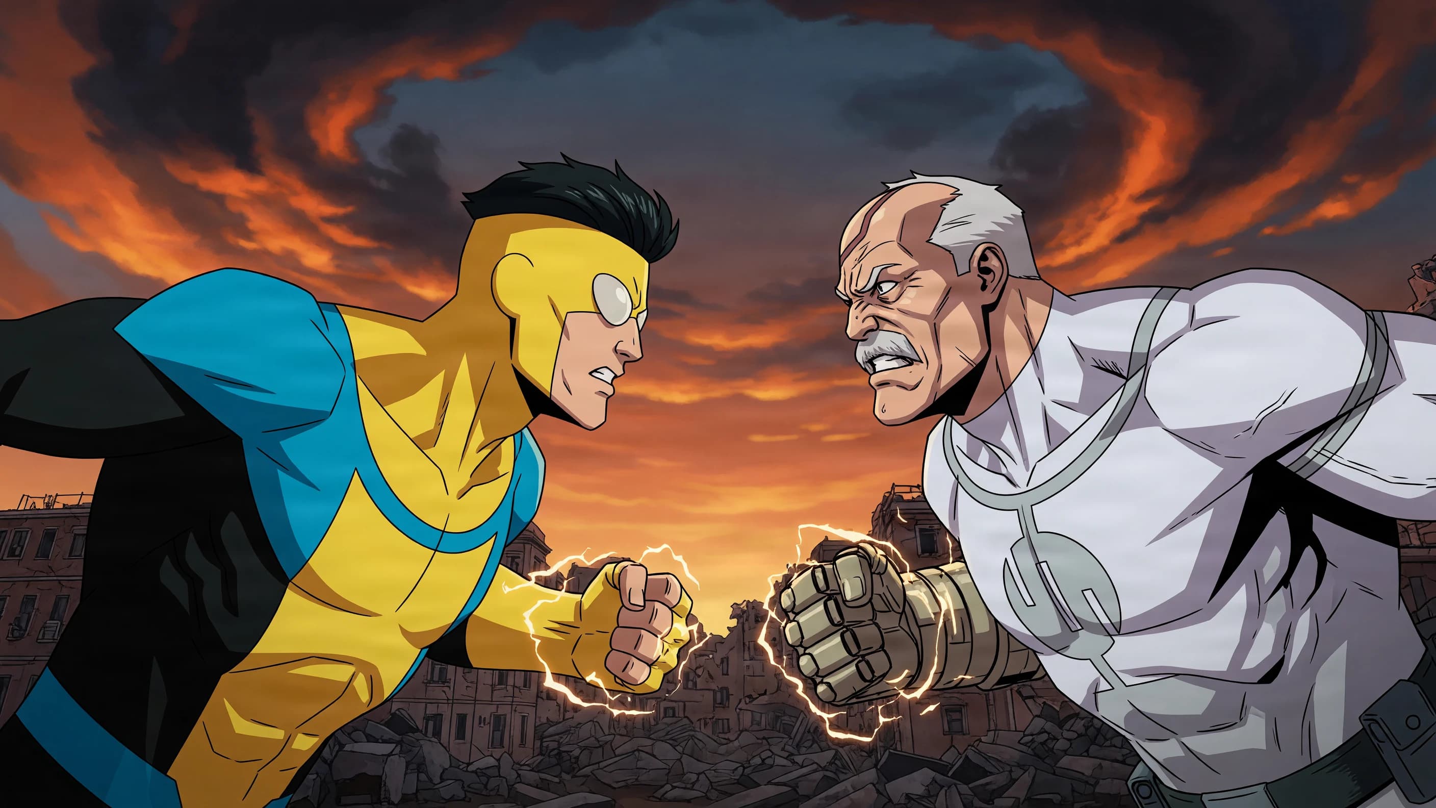 Invincible and Conquest hovering face to face above a wrecked city block at dusk