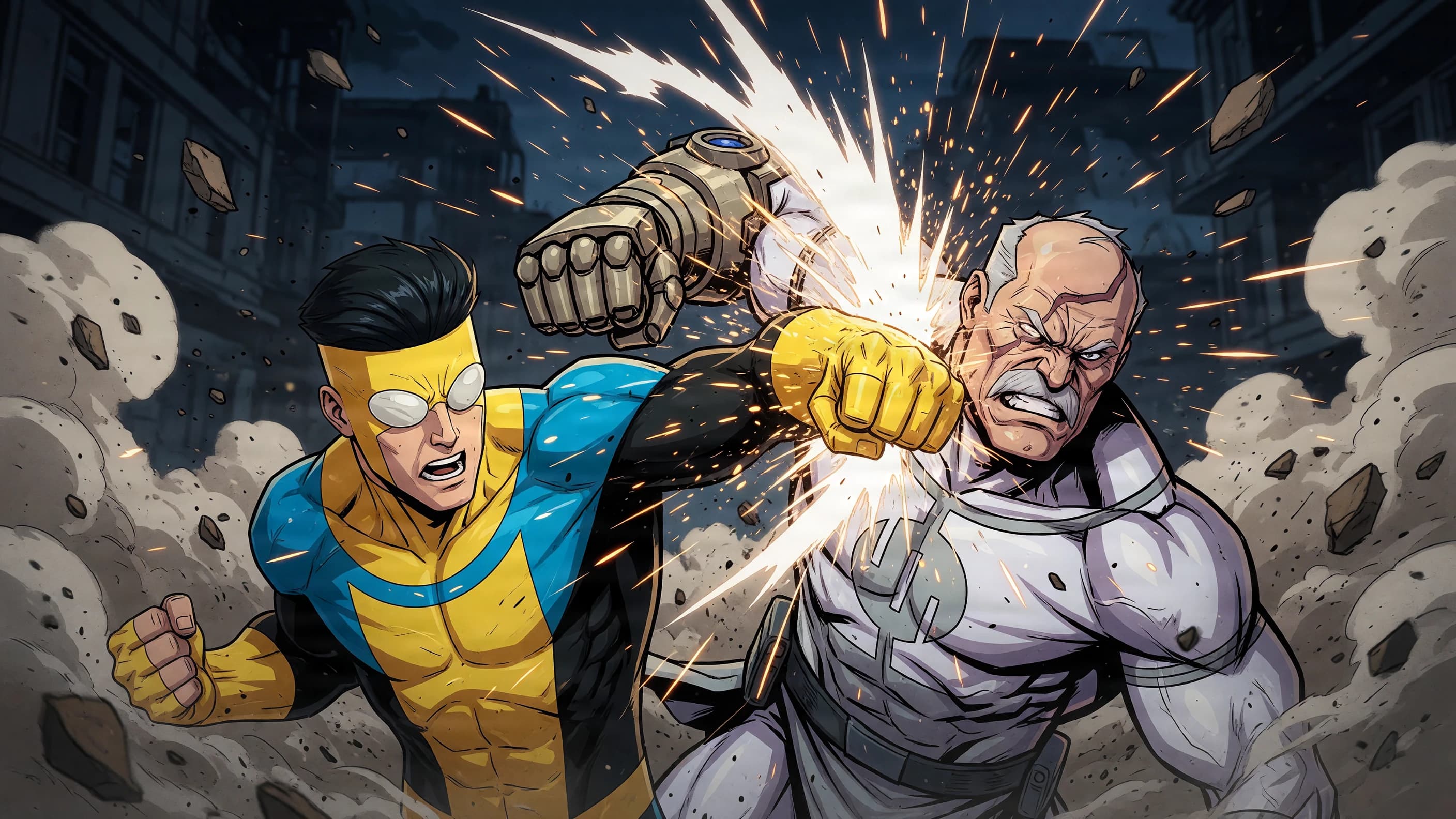 Invincible driving a punch into Conquest's raised guard as a shockwave bursts outward