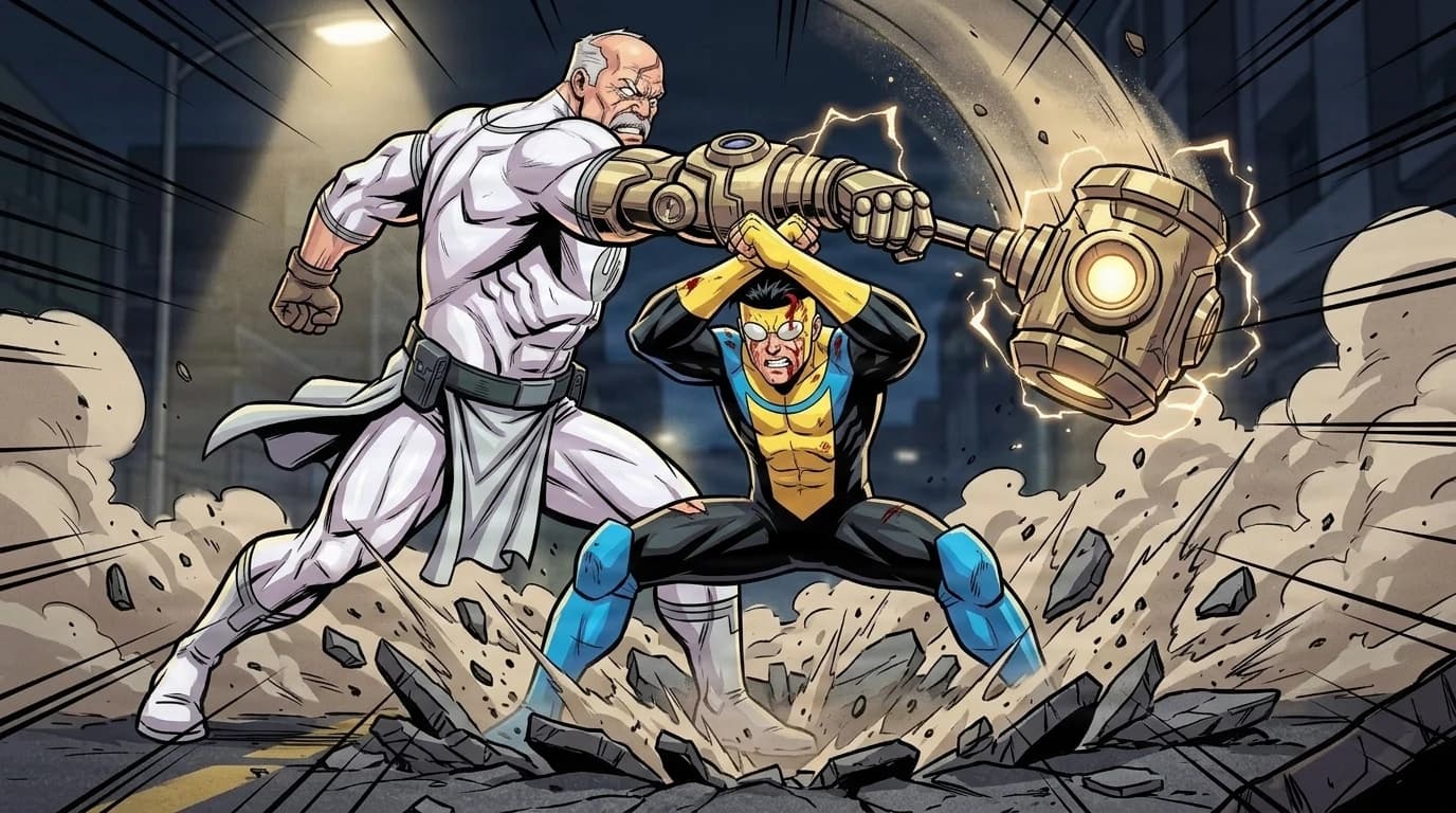 Conquest swinging his mace arm down while Invincible braces beneath the blow