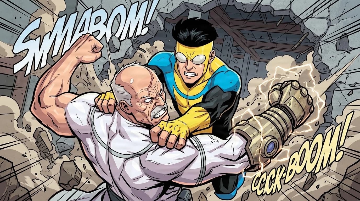 Invincible driving Conquest backward through a collapsing concrete wall