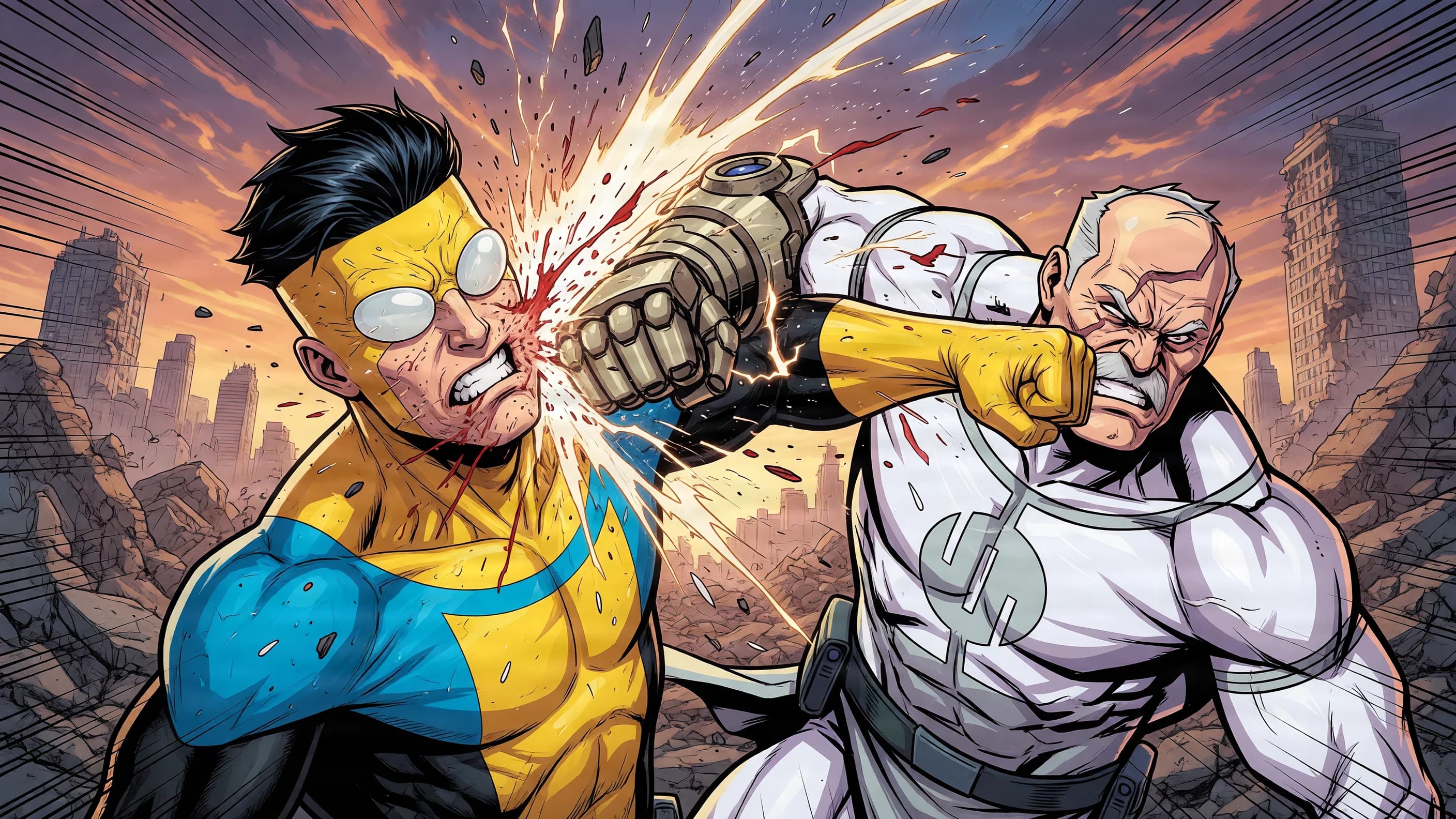Invincible and Conquest landing simultaneous punches on each other in a ruined city at dawn