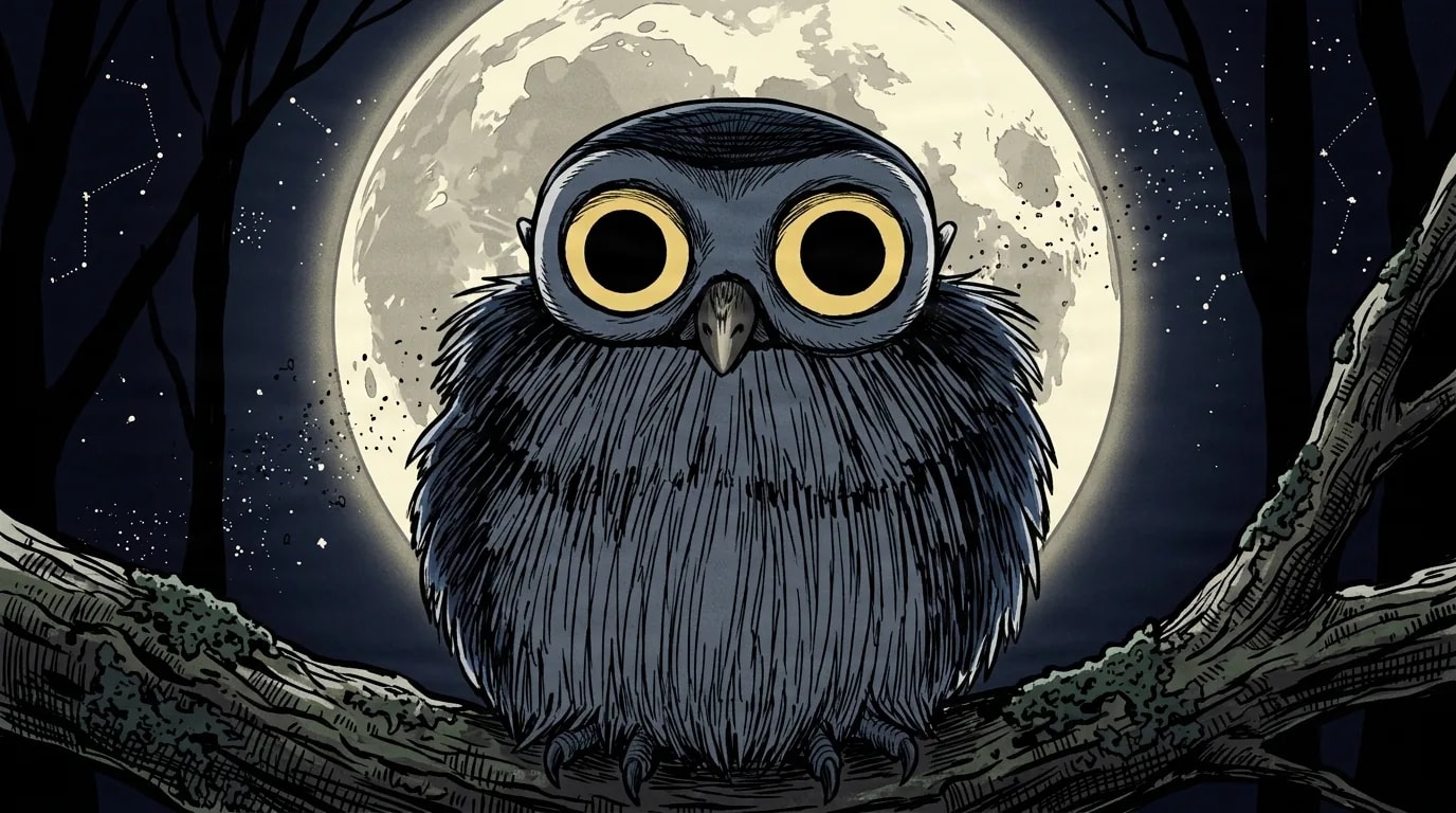 A fluffy owl spirit with huge yellow-ringed eyes perches on a mossy branch in front of a glowing full moon among bare trees at night.