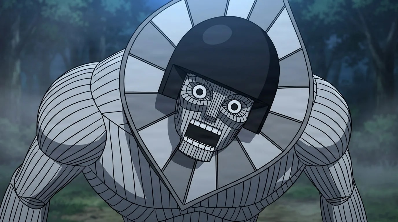 The Flatwoods Monster looming forward with wide staring eyes and open mouth, ridged metallic body and leaf shaped collar, in a blurred foggy forest at night