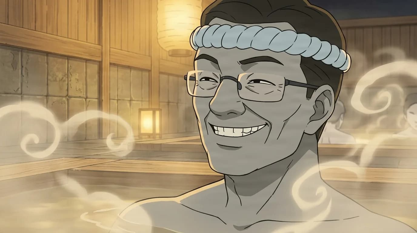 Grinning older man with slicked hair, a twisted white rope headband and rectangular glasses, bare shoulders above the water in a steamy lantern-lit bathhouse.