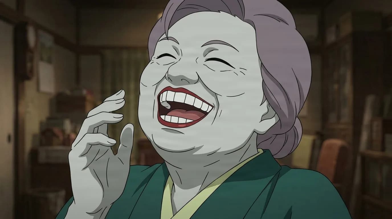Juju Kito laughing heartily with her head thrown back and a hand near her cheek, gray skinned old woman with lavender hair, red lips and a green cardigan, in a dim blurred house interior