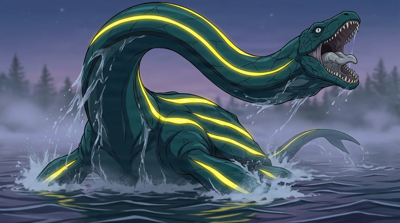 Nessie reckt seinen langen gestreiften Hals in der Abenddämmerung aus einem nebligen See, das Maul weit aufgerissen und Wasser spritzt von seinem leuchtend gelb gestreiften grünen Körper.