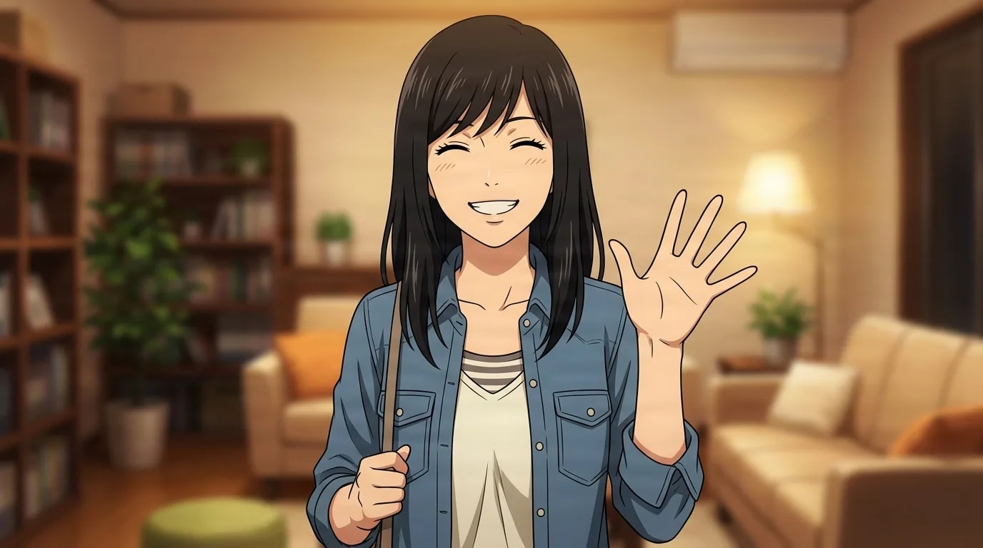 Sayu Yagami, seorang wanita muda berambut panjang dengan jaket denim, tersenyum lebar cerah dan melambaikan satu tangan di ruang tamu nyaman yang diterangi lampu.