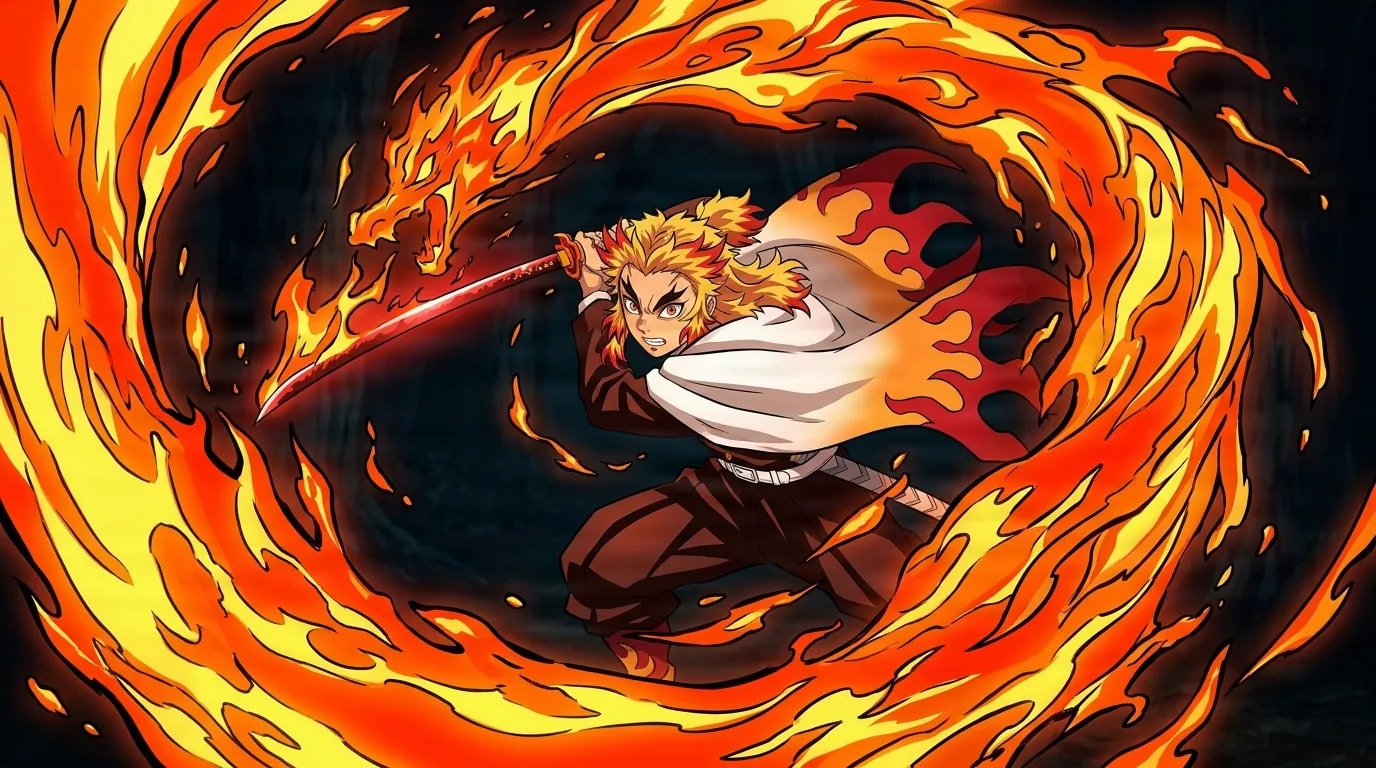 Blond flame-haired slayer swinging a burning sword inside a spiraling vortex of orange fire