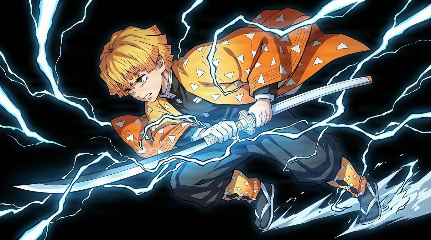 A blonde swordsman in an orange triangle-patterned haori dashes low with his katana as blue-white lightning bolts crackle across the black background.