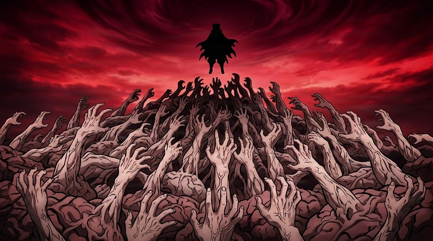 Unzählige blasse, greifende Hände erheben sich zu einem turmhohen Berg und strecken sich nach einer einsamen Gestalt mit Umhang aus, die sich als Silhouette vor einem wirbelnden blutroten Himmel abzeichnet.