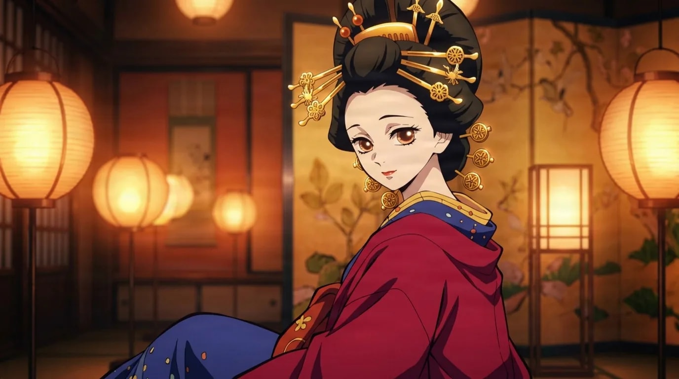 An elegant woman in an ornate red and blue kimono with gold hairpins glances over her shoulder in a warmly lamplit room, round paper lanterns glowing behind her.