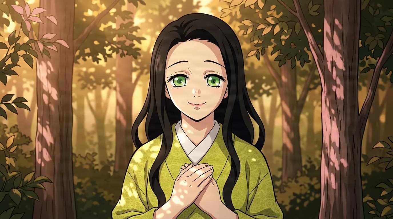 長い黒髪と緑の目の優しい女性が、淡い黄緑の模様の着物を着て、黄金色の日の差す森で両手を胸の前で組み優しく微笑んでいる。