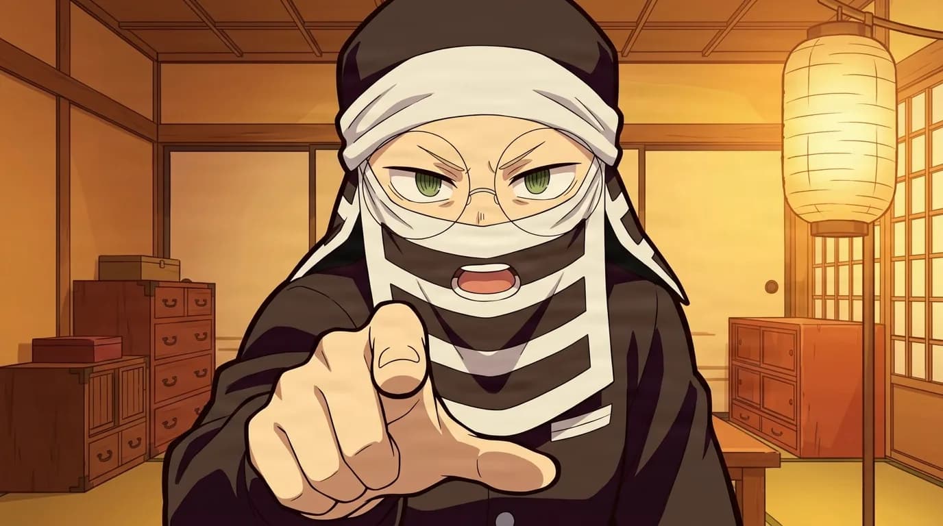 A figure with a bandage-wrapped face and round glasses points a finger forward while shouting inside a warm lamplit wooden room.