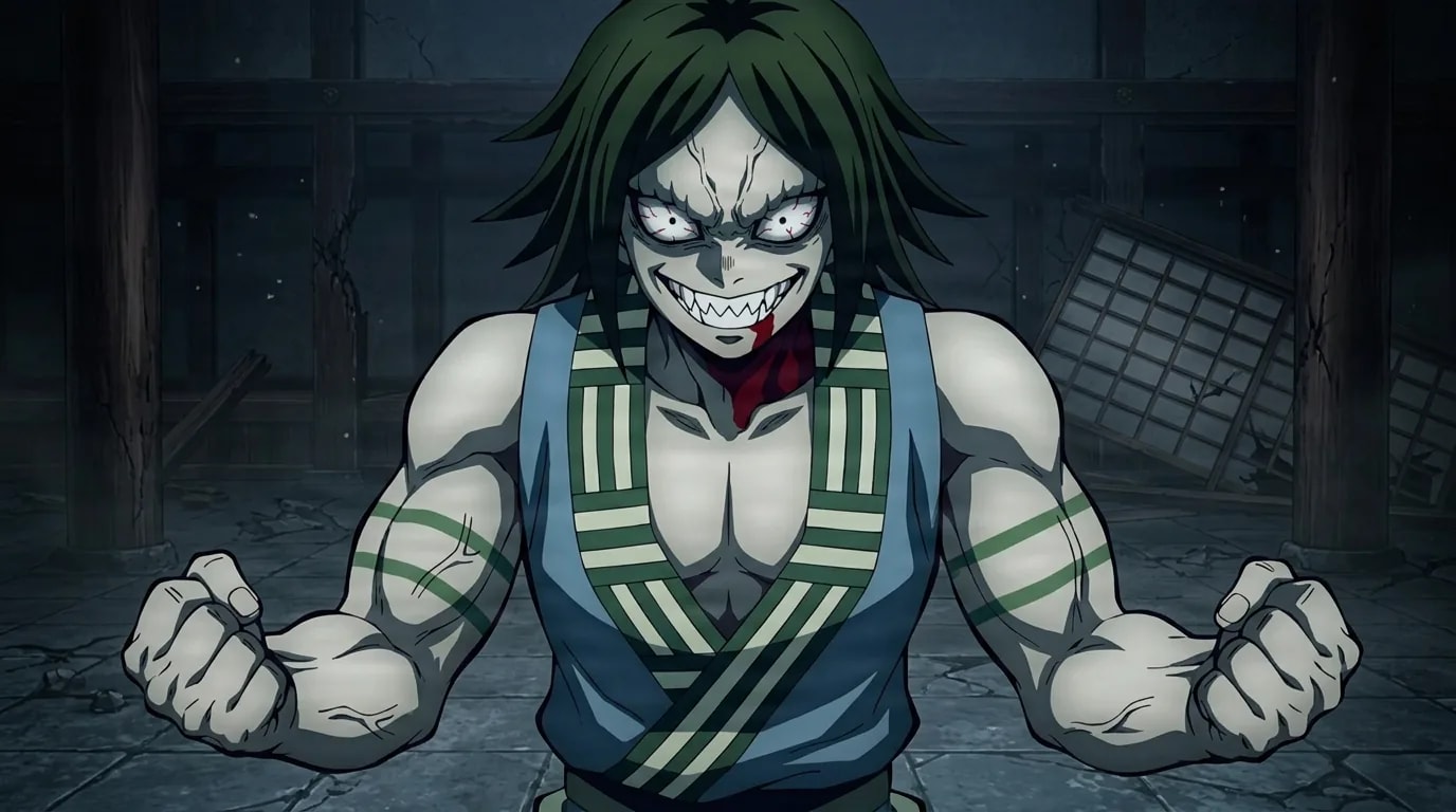 Un demonio musculoso de piel gris con cabello verde oscuro y una amplia sonrisa con colmillos aprieta ambos puños amenazadoramente dentro del oscuro salón en ruinas de un templo.