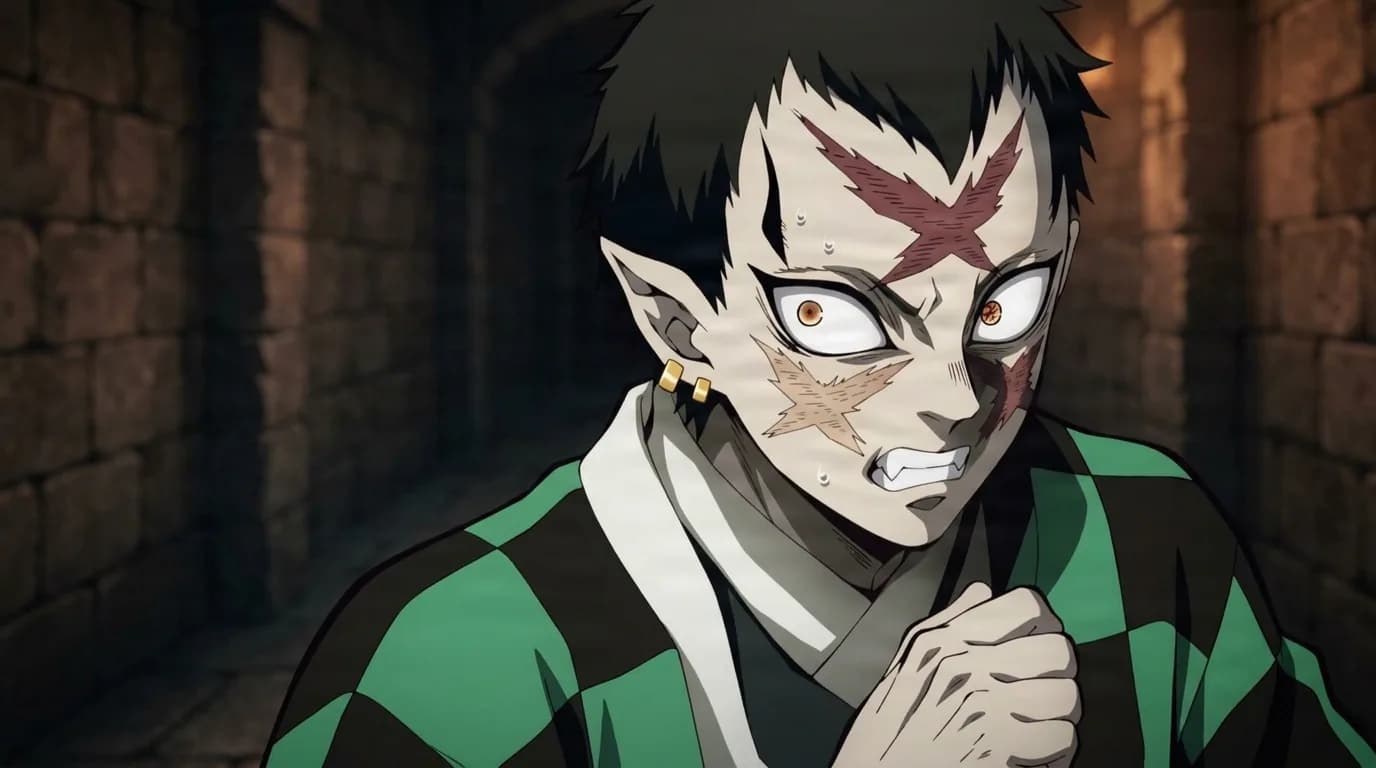 Dark haired demon with an X shaped scar and pale glaring eyes wearing a green checkered haori in a stone corridor