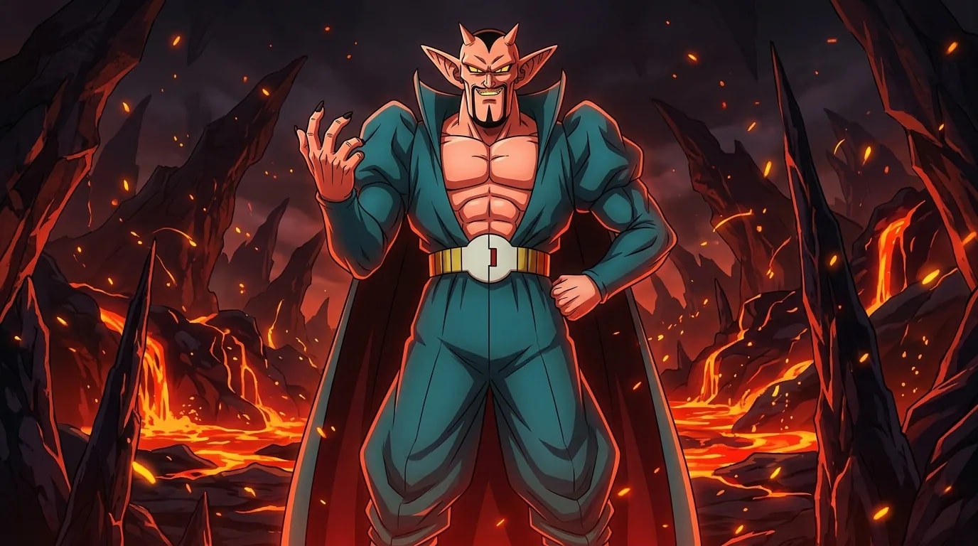 Dabura, the Demon King, a red-skinned horned demon in a dark cape over a bare muscular chest.