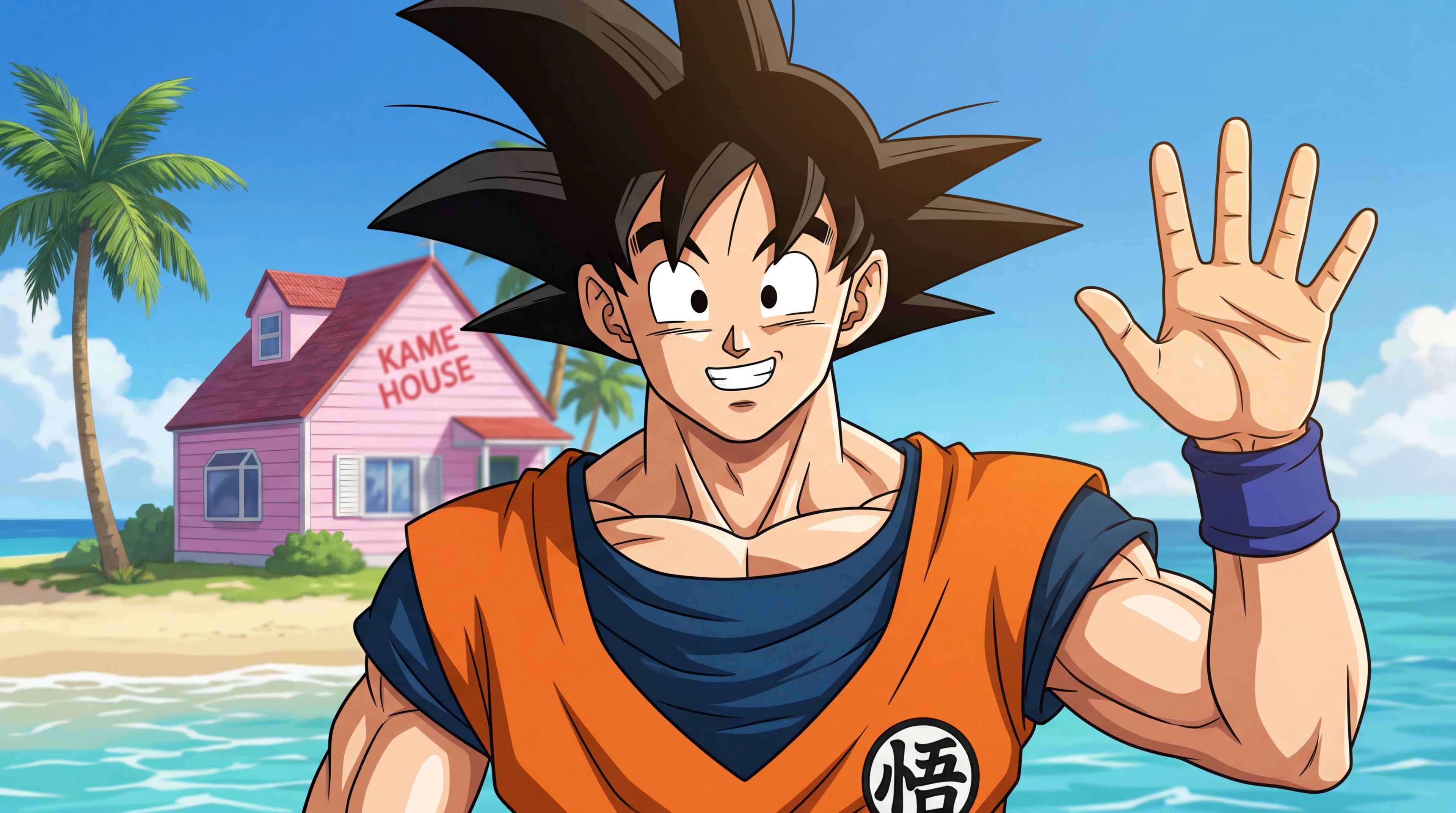 Goku smiling and waving at Kame House beach
