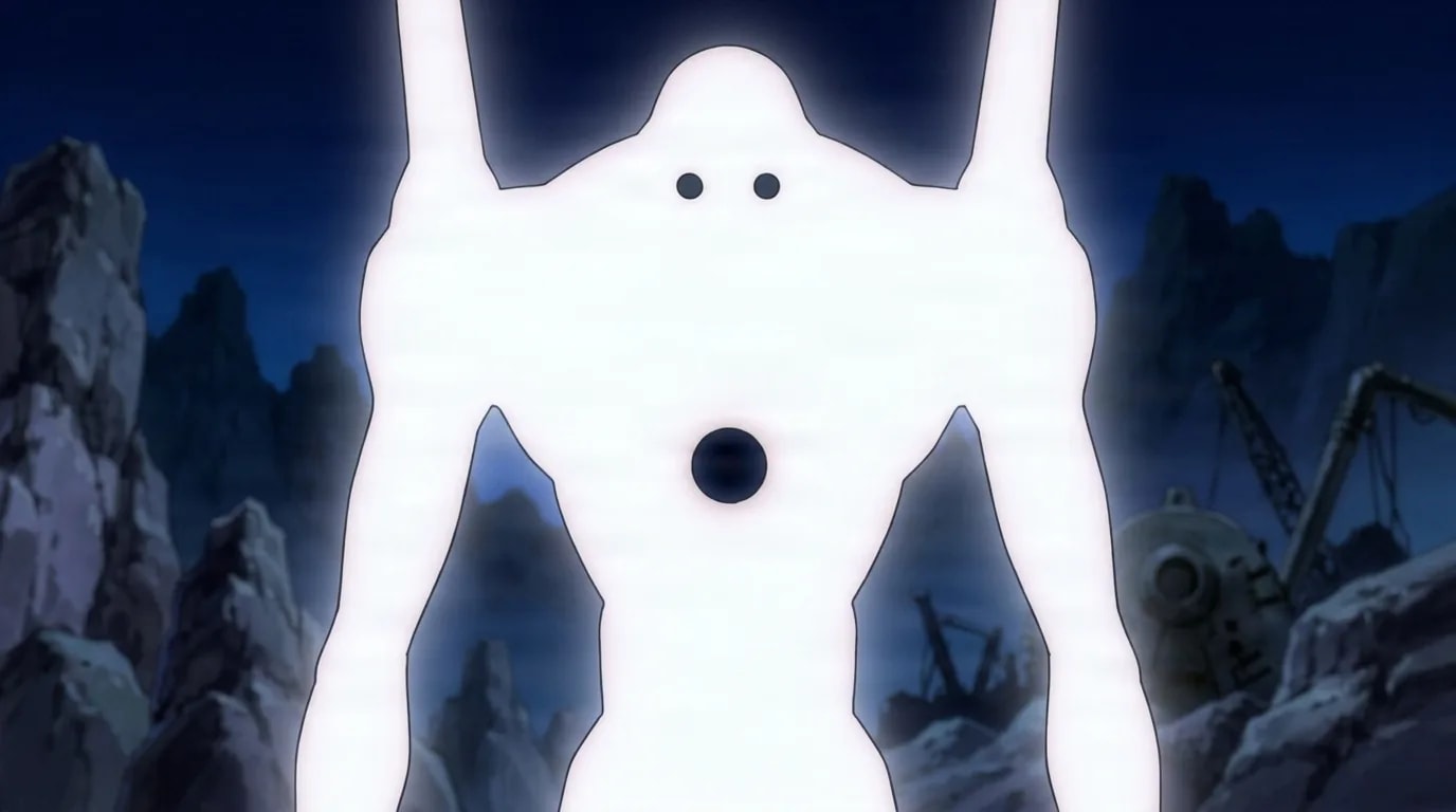 Adam, a glowing white humanoid giant with two dark eye dots and raised arms, towering over jagged rocks and wreckage at night