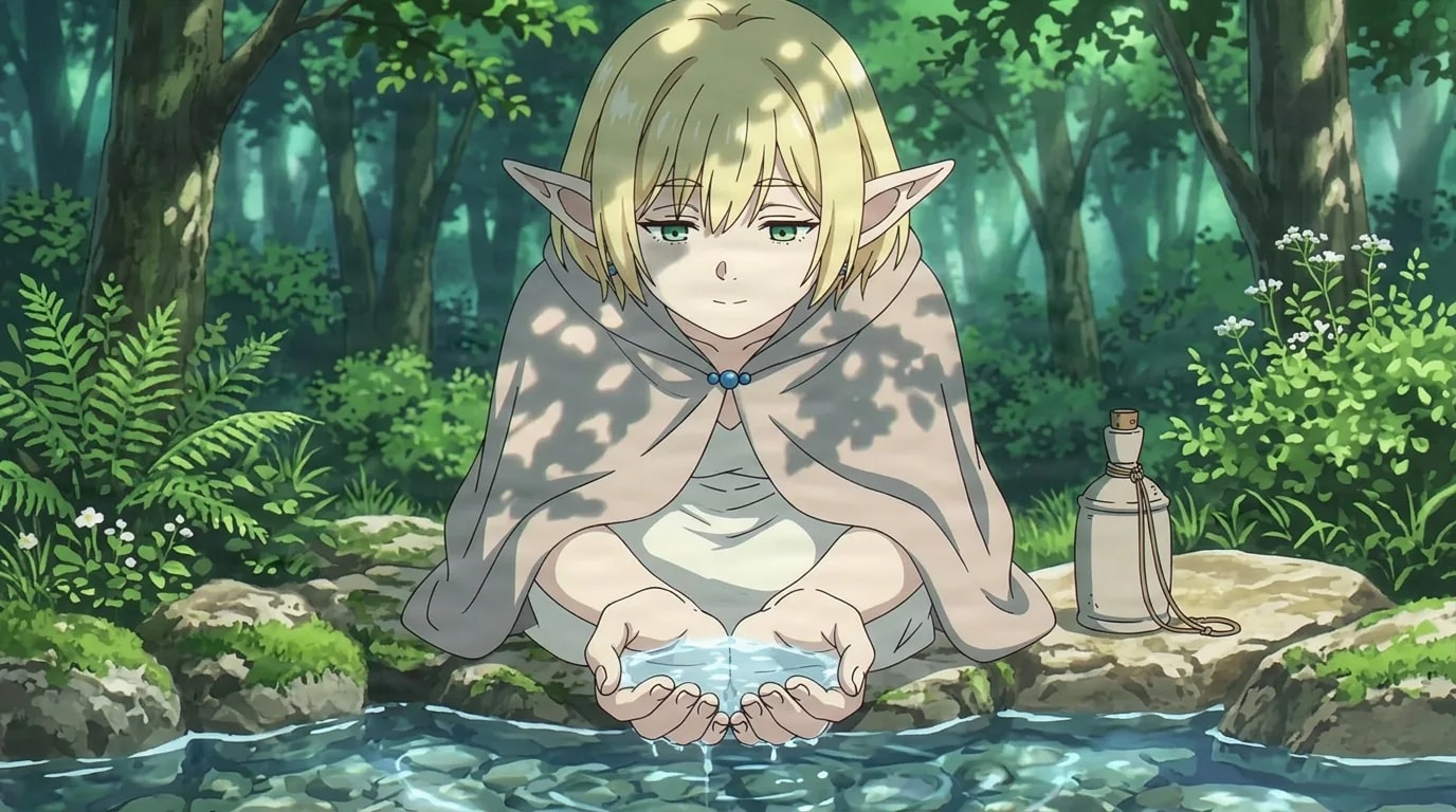 Blondes Elfenmädchen in einem blassen Umhang schöpft an einem sonnenbeschienenen Waldbach mit beiden Händen klares Wasser, während eine verkorkte Flasche auf einem nahen bemoosten Stein liegt.