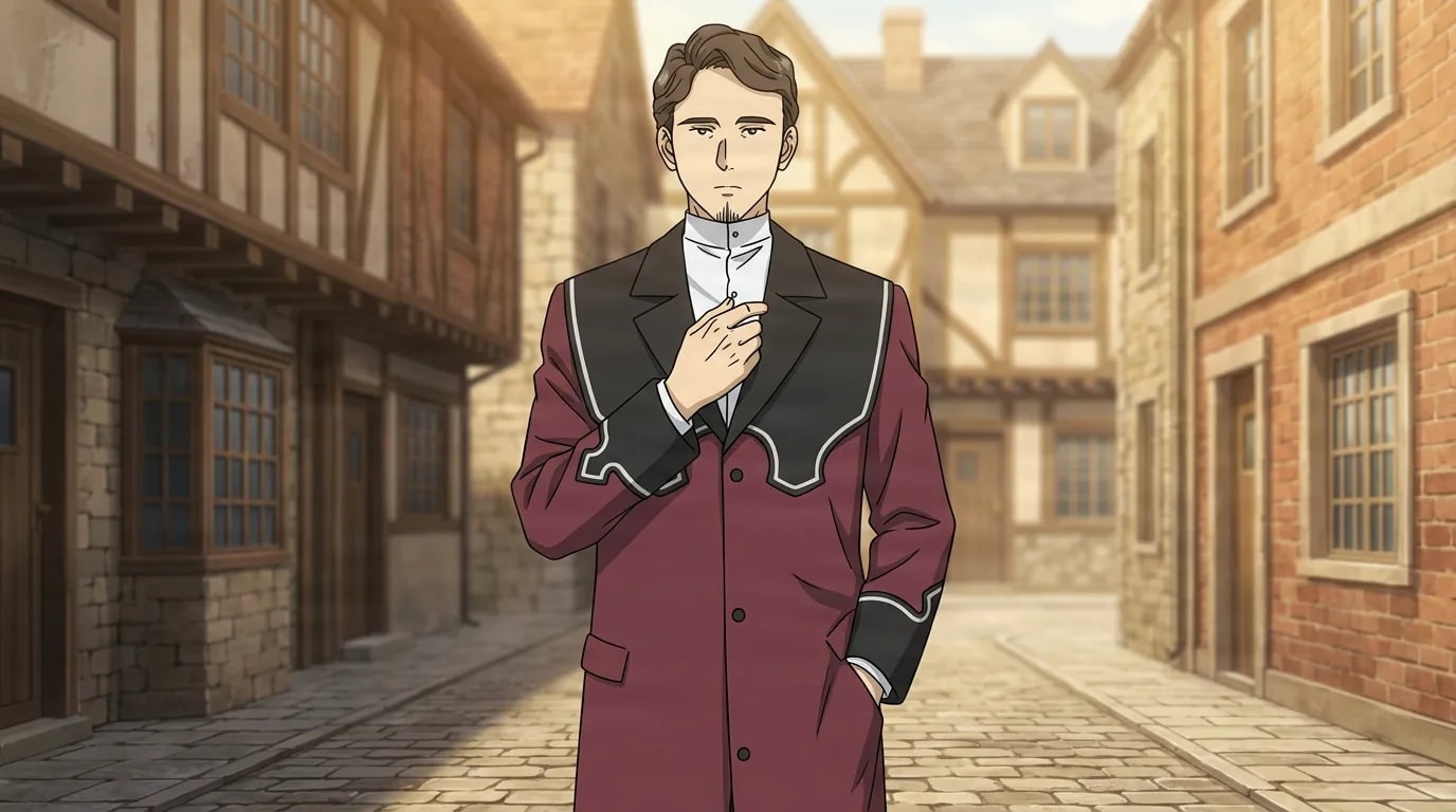 Richter, a brown-haired man in a maroon coat with a black shawl collar, adjusts his lapel while standing on a cobblestone street of an old timber-framed town.