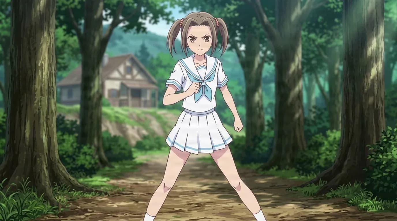 Minami Kinoshita, a brown-haired girl in pigtails and a white summer sailor uniform, braced in a wide stance with fists clenched on a forest path
