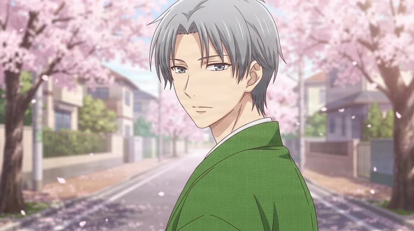 Shigure Sohma, grey hair and slate eyes, wearing a deep green kimono and glancing over his shoulder on a street of cherry blossoms