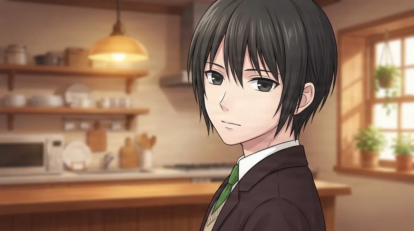 Shiki Sohma, a black-haired youth in a dark blazer with a green tie, looking toward the viewer in a warm wooden kitchen