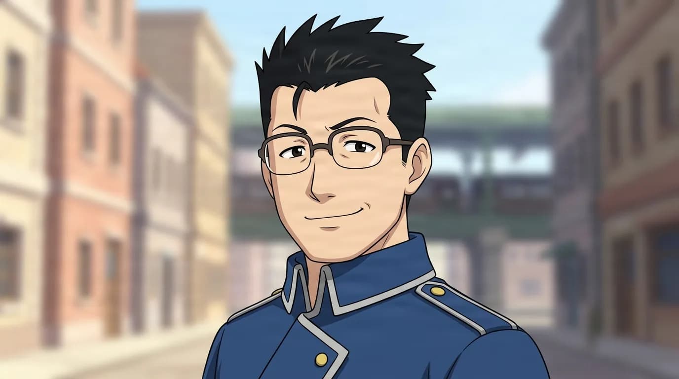 Kain Fuery from Fullmetal Alchemist in a close-framed cel-shaded anime scene with a detailed environment