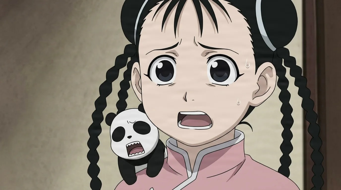 May Chang from Fullmetal Alchemist in a close-framed cel-shaded anime scene with a detailed environment