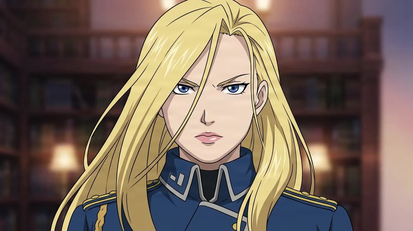 Olivier Mira Armstrong from Fullmetal Alchemist in a close-framed cel-shaded anime scene with a detailed environment