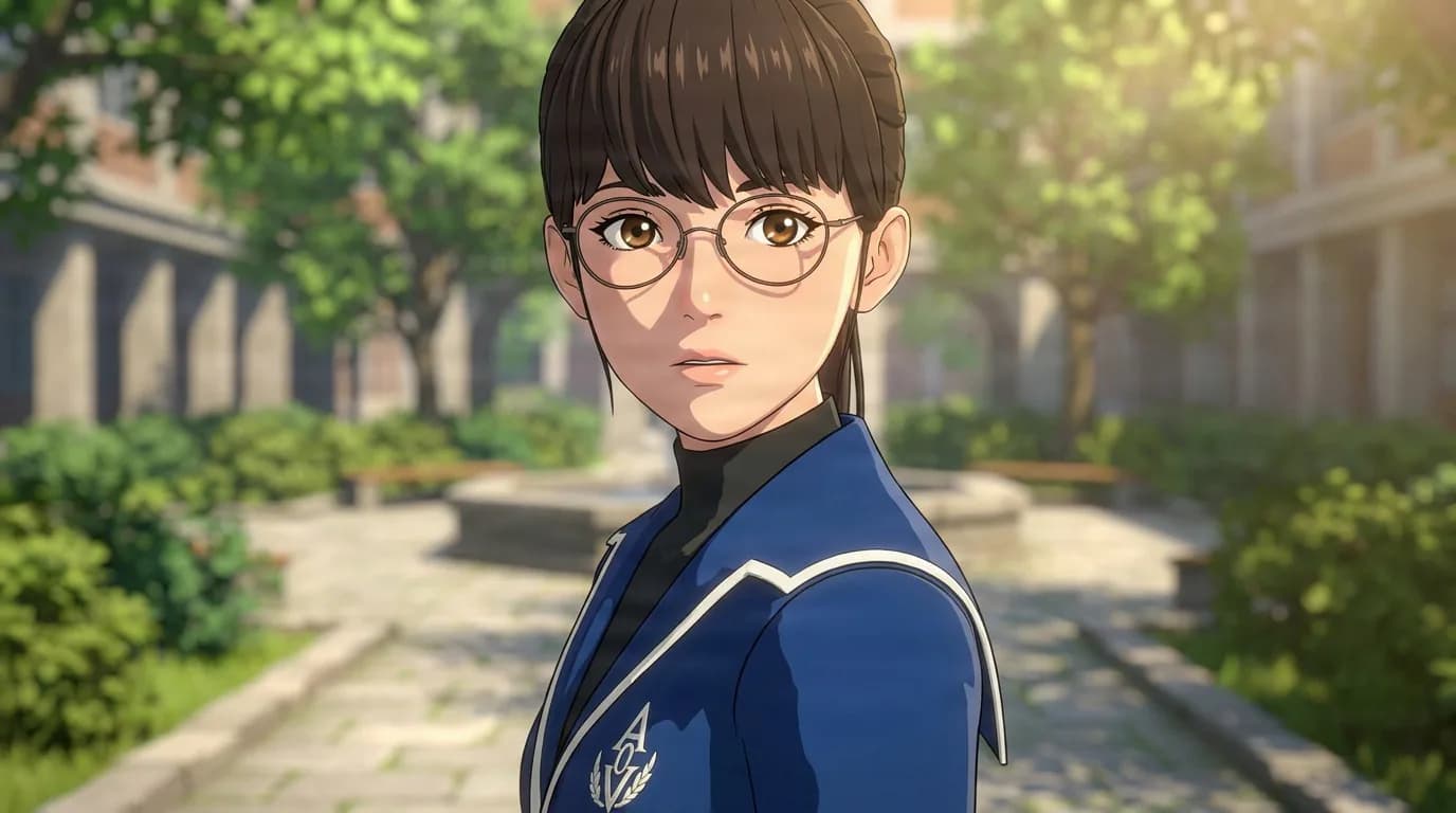 Kanami, a young woman with round glasses in a blue and white uniform jacket, glances back in a sunlit tree-lined courtyard.