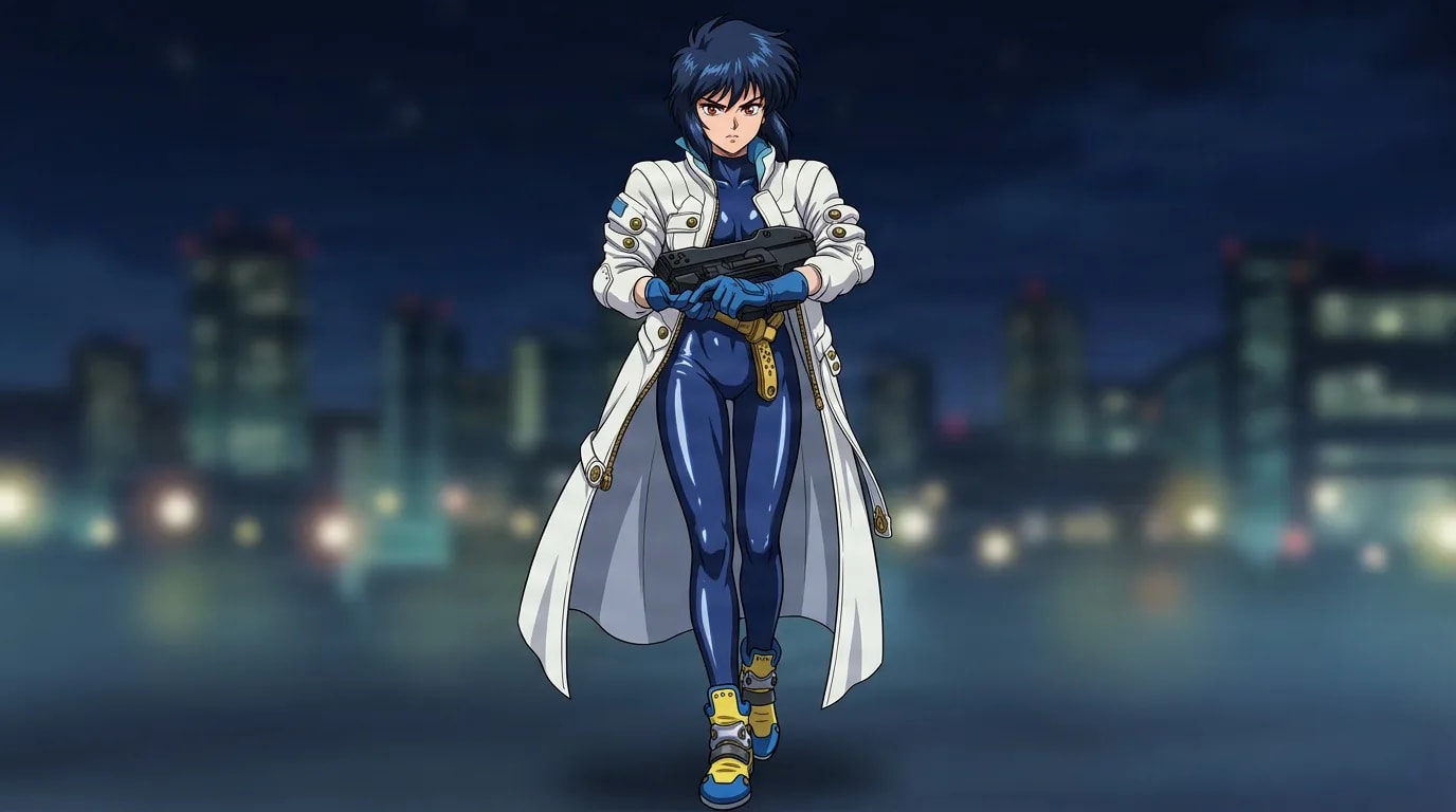 Motoko Kusanagi, a blue-haired woman in a blue bodysuit and white coat, holds a pistol in a nighttime cityscape.