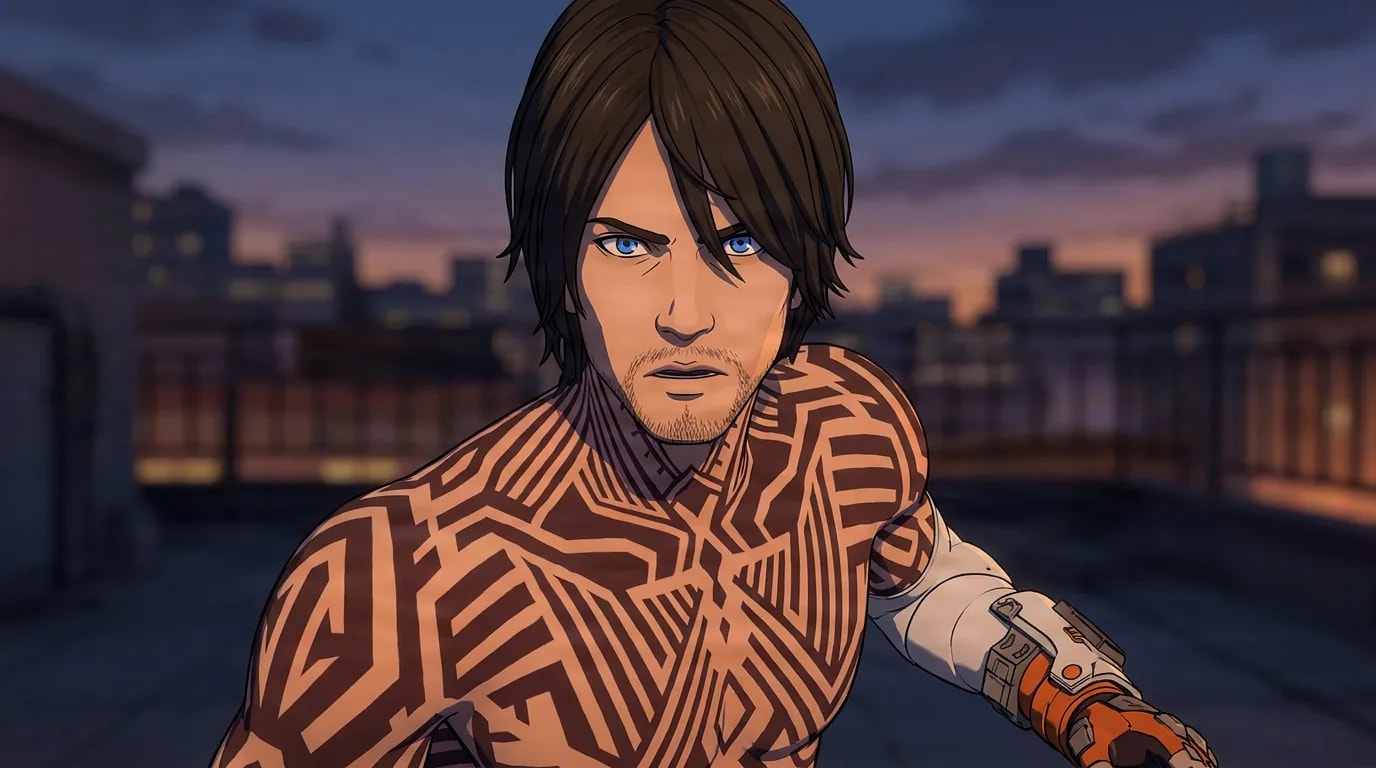 Sanji Yaguchi, a brown-haired man with intricate body tattoos and a cybernetic arm, on a city rooftop at dusk.