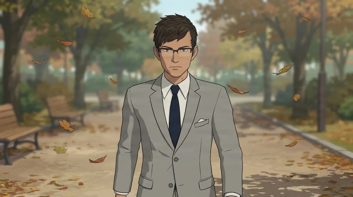 Takao Ochi, a brown-haired man in glasses and a gray suit with navy tie, stands in an autumn park with falling leaves.