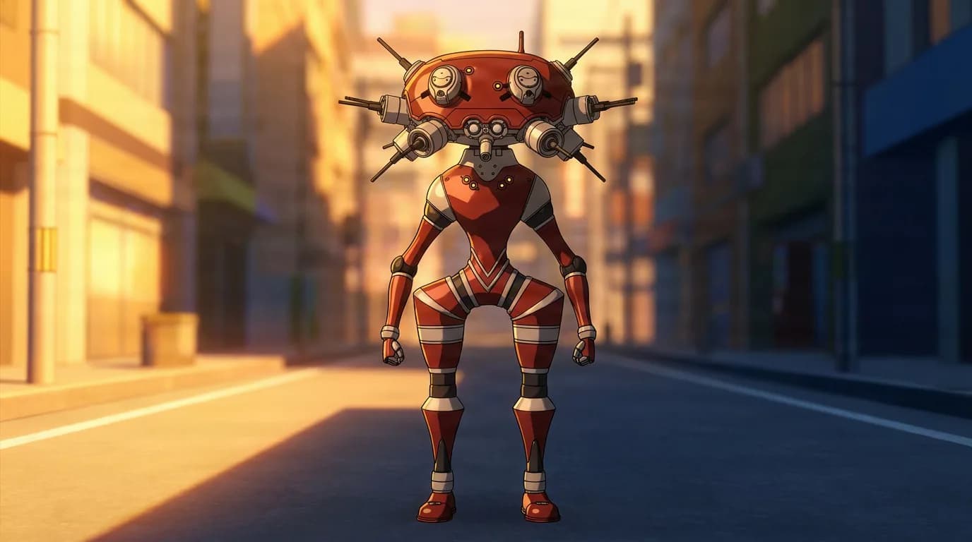 Tsumugi, a red spider-like robotic think tank with jutting sensor legs, stands on a sunlit city street.