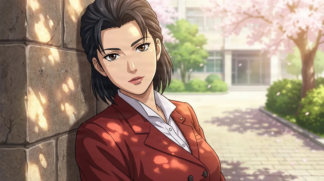 Yoko Kayabuki, a dark-haired woman in a red blazer, leans against a stone wall near blooming cherry blossoms.