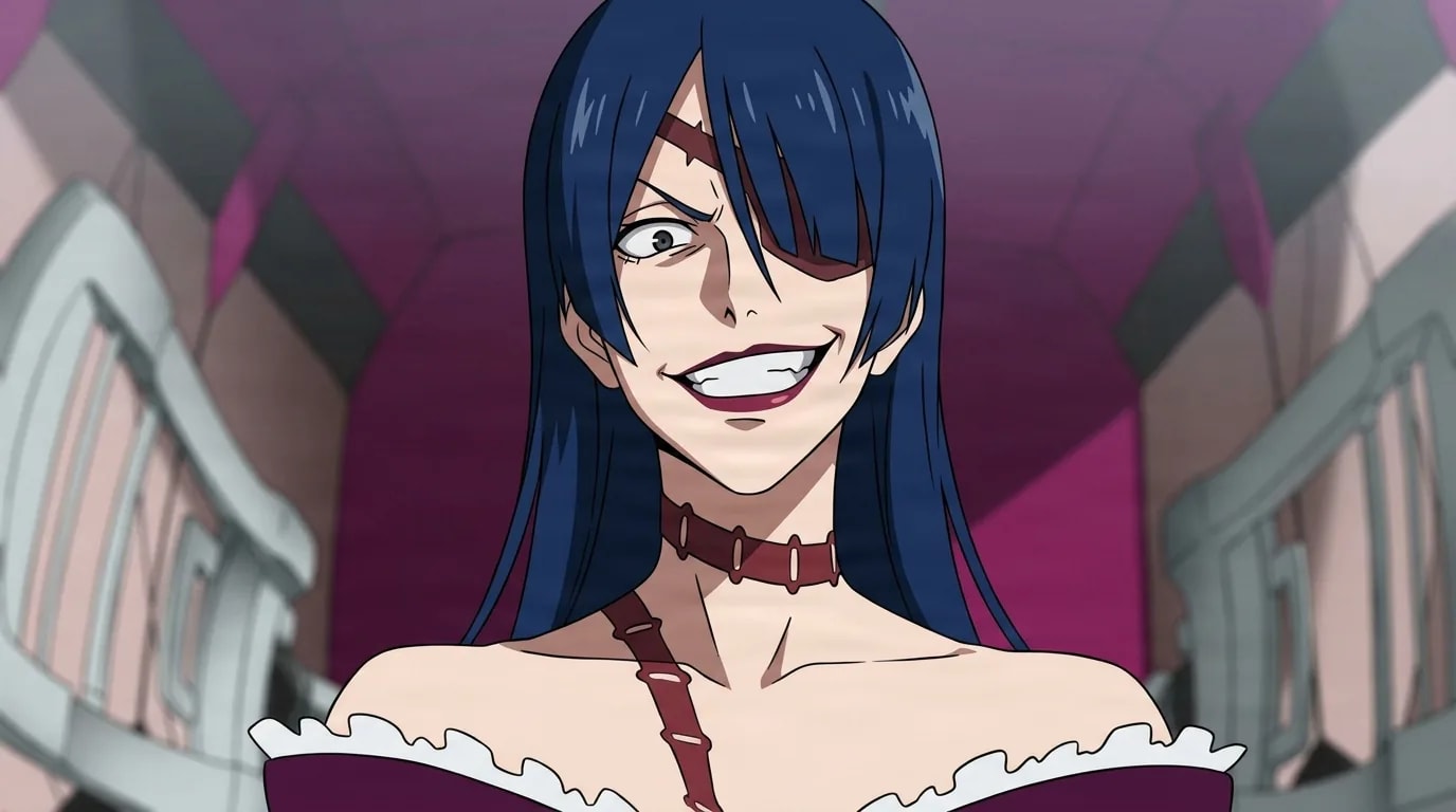 Adiane from Gurren Lagann in a close-framed cel-shaded anime scene with a detailed environment