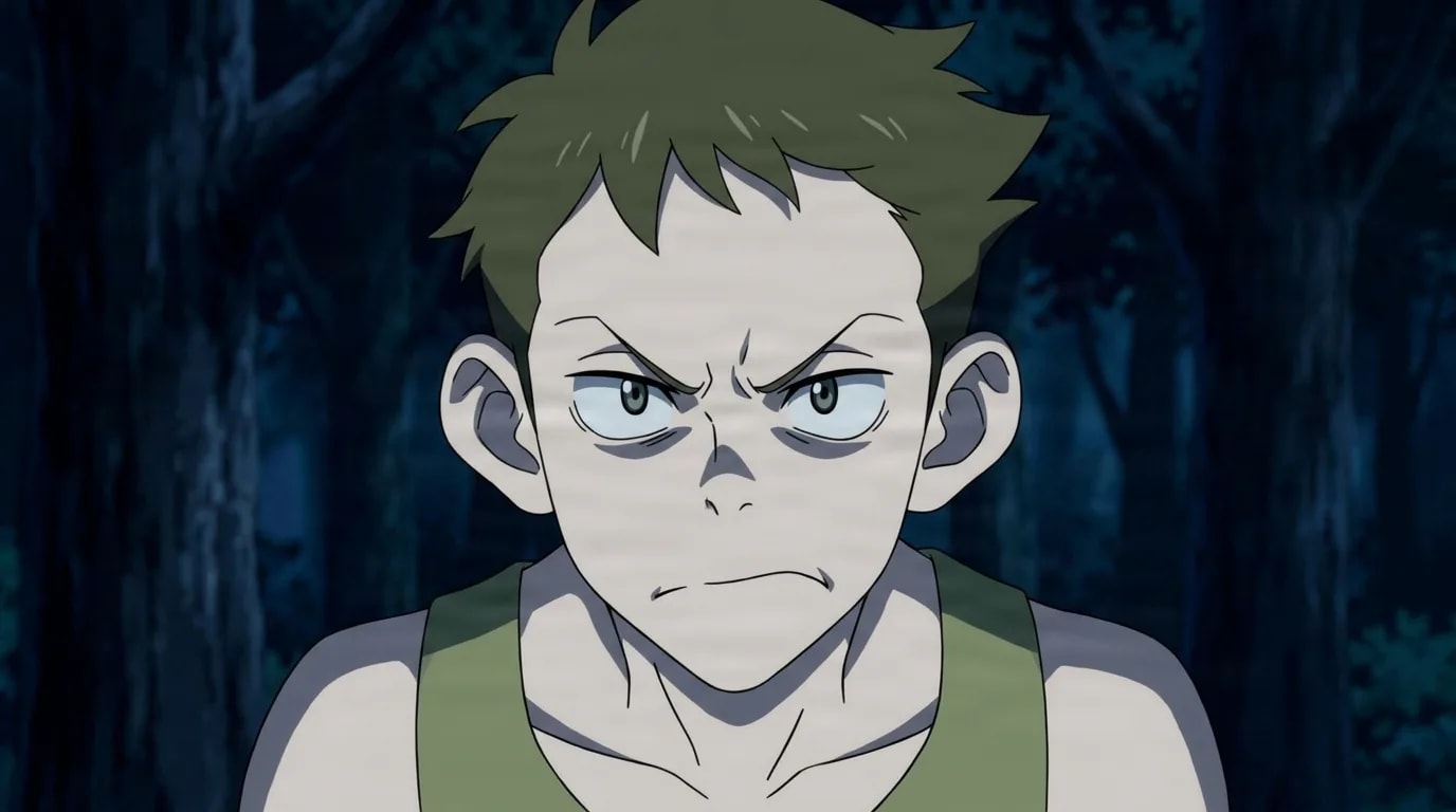 Kidd Coega from Gurren Lagann in a close-framed cel-shaded anime scene with a detailed environment